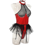 Sexy pu patent leather mesh splicing Halter Neck underwear mesh garter one-piece