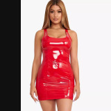 Solid Color Strap Pu Leather Slim Dress