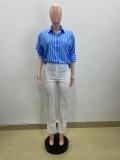 Spring Casual Blue And White Striped Career Loose Shirt