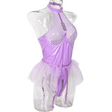 Sexy pu patent leather mesh splicing Halter Neck underwear mesh garter one-piece