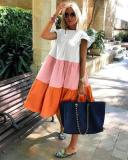 Plus Size Women Summer Dress Round Neck Pink Maple Leaf Casual Beach Dress