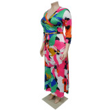 Plus Size Women Pocket Tie Printed Dress