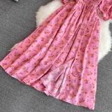 Women summer French square neck puff short sleeve slit dress