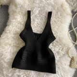 Women Vintage V-Neck Basics Solid Backless Top