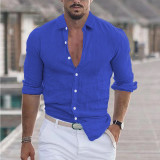 Men 's Summer Turndown Collar Long Sleeve Solid Color Beach Linen Shirt