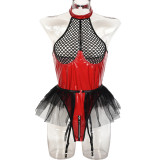 Sexy pu patent leather mesh splicing Halter Neck underwear mesh garter one-piece