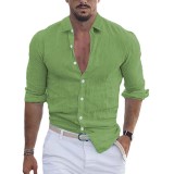 Men 's Summer Turndown Collar Long Sleeve Solid Color Beach Linen Shirt
