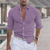 Men 's Summer Turndown Collar Long Sleeve Solid Color Beach Linen Shirt