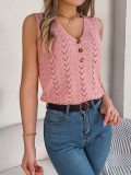 Women Spring and Summer Button V-Neck Hollow Sleeveless Holidays Knitting Top
