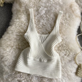 Women Vintage V-Neck Basics Solid Backless Top