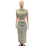 Women Trend Style Frayed Tank Top and Slit Skirt Denim Two-piece Set
