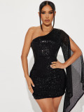 Women Sequin Solid Slash Shoulder Party Dress
