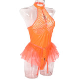 Sexy pu patent leather mesh splicing Halter Neck underwear mesh garter one-piece