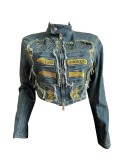 Women 's Embroidered Denim Top Pleated Skirt Two Piece Set