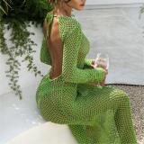 Women Summer Sexy Knitting See-Through Holidays Solid Backless Knitting Maxi Dress