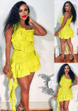 Women summer dress fringe ruffled shoulder Slash Shoulder Top and skirt two-piece set
