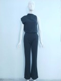 Women Pants Solid One Shoulder Stacked Collar Jumpsuit