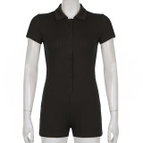 WomenSolid Turndown Collar Casual Jumpsuit