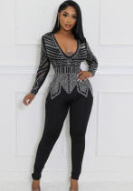 Women Solid V Neck Beaded Long Sleeve Jumpsuit