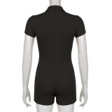 WomenSolid Turndown Collar Casual Jumpsuit