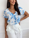 Women summer printed V-neck loose short-sleeved shirt