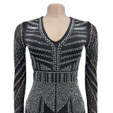 Women Solid V Neck Beaded Long Sleeve Jumpsuit