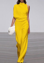 Women Pants Solid One Shoulder Stacked Collar Jumpsuit