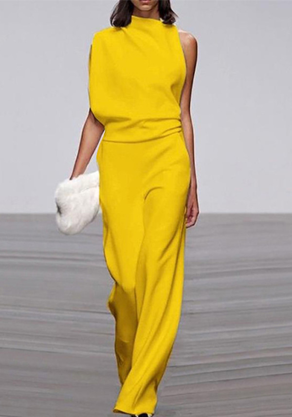 Women Pants Solid One Shoulder Stacked Collar Jumpsuit