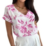 Women summer printed V-neck loose short-sleeved shirt