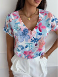 Women summer printed V-neck loose short-sleeved shirt