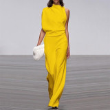 Women Pants Solid One Shoulder Stacked Collar Jumpsuit