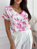 Women summer printed V-neck loose short-sleeved shirt