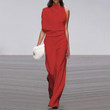 Women Pants Solid One Shoulder Stacked Collar Jumpsuit