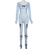 Women Spring Sexy See-Through Hollow Jacquard Long Sleeve Lace Jumpsuit