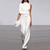 Women Pants Solid One Shoulder Stacked Collar Jumpsuit