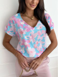 Women summer printed V-neck loose short-sleeved shirt