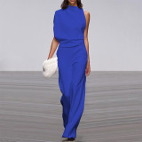 Women Pants Solid One Shoulder Stacked Collar Jumpsuit