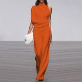Women Pants Solid One Shoulder Stacked Collar Jumpsuit