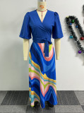 Women Sexy Contrast Print V-Neck Lace-Up Top and Skirt Two-piece Set