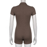 WomenSolid Turndown Collar Casual Jumpsuit