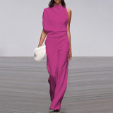 Women Pants Solid One Shoulder Stacked Collar Jumpsuit