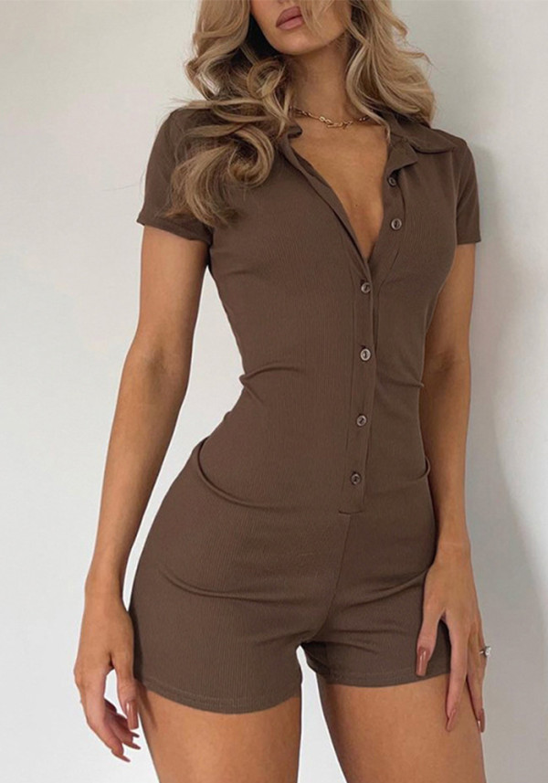WomenSolid Turndown Collar Casual Jumpsuit