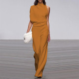 Women Pants Solid One Shoulder Stacked Collar Jumpsuit
