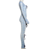 Women Spring Sexy See-Through Hollow Jacquard Long Sleeve Lace Jumpsuit