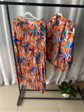 Fashionable Printed Long-Sleeved Top And Pleated Skirt Two-Piece Set