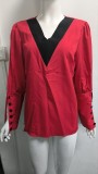 Women V Neck Solid Long Sleeve Button Top