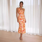 Summer Multicolor Printed Slash Shoulder Fishtail Strap Dress