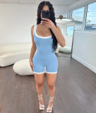 Women's Spring Fashionable Contrast Color Ribbed Tight Fitting Romper Low Back One-Piece Casual Shorts