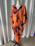 Fashion Printed Bat Sleeves V-Neck Drawstring Irregular Loose Dress