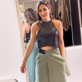 Women's Fashionable Sleeveless Halter Neck Cropped Top Irregular Skirt Two Pieces Set